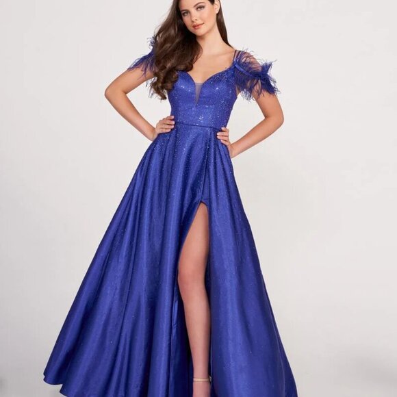 Ellie Wilde Mon Cheri A-line slit rhinestone Royal prom pageant dress - Picture 3 of 8